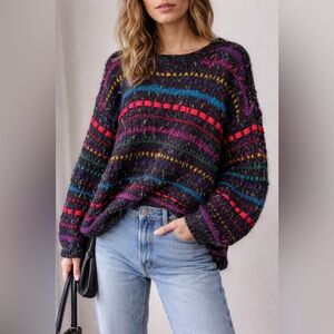 Vintage Hand Knit Jennifer Reed Confetti Sweater Black Multicolor Ribbon 80s 90s